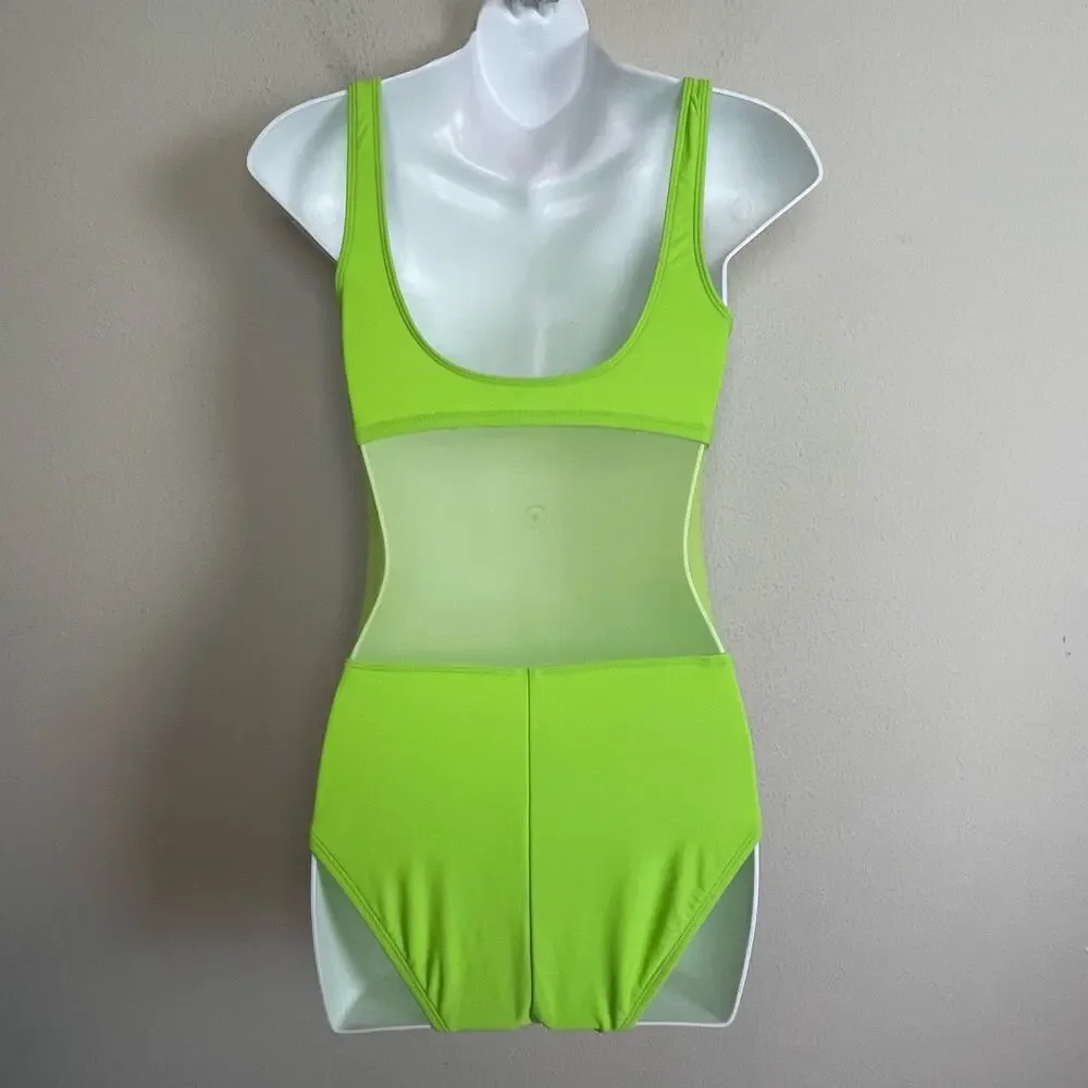 La Blanca by Rod Beattie Swimwear‎ Neon Green Mesh Middie Belt One Piece Size 8